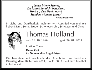 Traueranzeige von Thomas Holland von Mitteldeutsche Zeitung Halle/Saalkreis