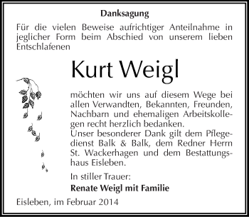 Traueranzeige von Kurt Weigl von Mitteldeutsche Zeitung Mansfelder Land