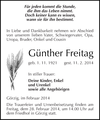 Traueranzeige von Günther Freitag von Mitteldeutsche Zeitung Köthen