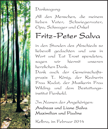 Traueranzeige von Fritz-Peter Salva von Mitteldeutsche Zeitung Sangerhausen