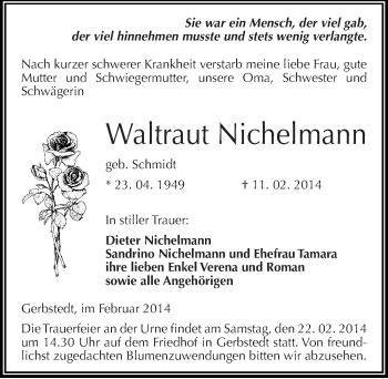 Traueranzeige von Waltraut Nichelmann von Mitteldeutsche Zeitung Mansfelder Land