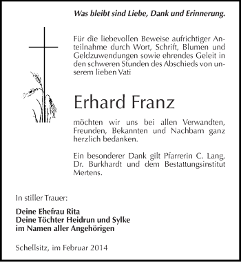 Traueranzeige von Erhard Franz von Mitteldeutsche Zeitung Naumburg/Nebra