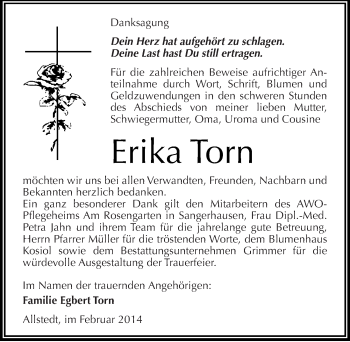 Traueranzeige von Erika Torn von Mitteldeutsche Zeitung Sangerhausen