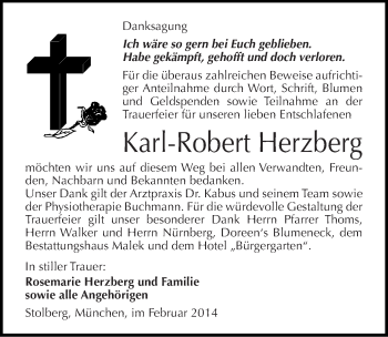 Traueranzeige von Karl-Robert Herzberg von Mitteldeutsche Zeitung Sangerhausen
