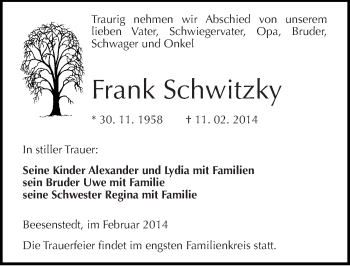 Traueranzeige von Frank Schwitzky von Mitteldeutsche Zeitung Halle/Saalkreis