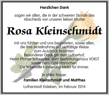Traueranzeige von Rosa Kleinschmidt von Mitteldeutsche Zeitung Mansfelder Land