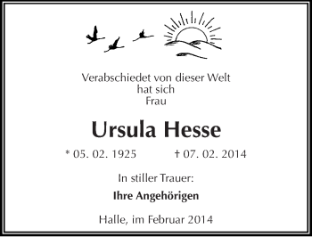Traueranzeige von Ursula Hesse von Mitteldeutsche Zeitung Mansfelder Land