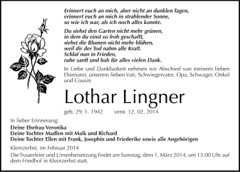 Traueranzeige von Lothar Lingner von Mitteldeutsche Zeitung Köthen