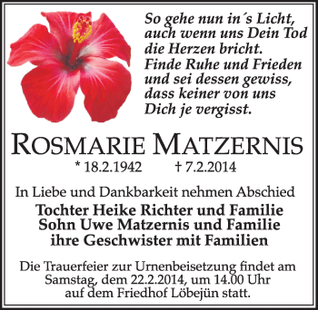 Traueranzeige von Rosmarie Matzernis von Mitteldeutsche Zeitung Halle/Saalkreis