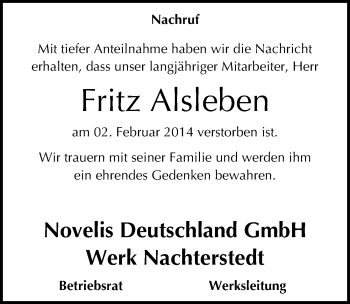 Traueranzeige von Fritz Alsleben von Mitteldeutsche Zeitung Aschersleben
