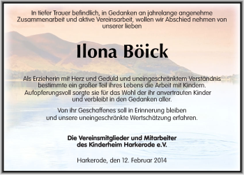 Traueranzeige von Ilona Böick von Mitteldeutsche Zeitung Mansfelder Land