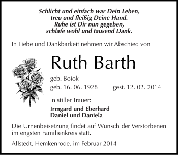 Traueranzeige von Ruth Barth von Mitteldeutsche Zeitung Sangerhausen