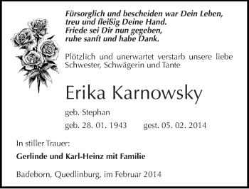 Traueranzeige von Erika Karnowsky von Mitteldeutsche Zeitung Quedlinburg