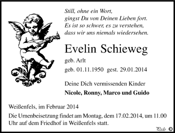 Traueranzeige von Evelin Schieweg von Mitteldeutsche Zeitung Weißenfels