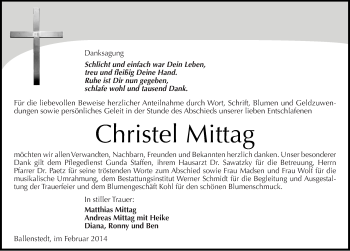 Traueranzeige von Christel Mittag von Mitteldeutsche Zeitung Quedlinburg