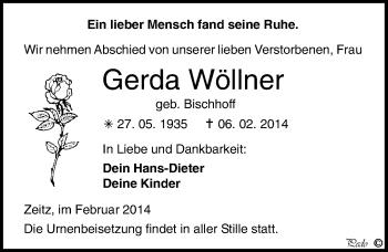 Traueranzeige von Gerda Wöllner von Mitteldeutsche Zeitung Zeitz