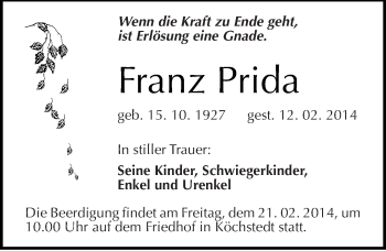 Traueranzeige von Franz Prida von Mitteldeutsche Zeitung Halle/Saalkreis