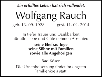 Traueranzeige von Wolfgang Rauch von Mitteldeutsche Zeitung Naumburg/Nebra