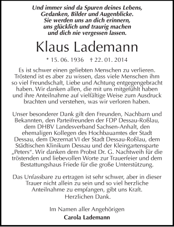 Traueranzeige von Klaus Lademann von Mitteldeutsche Zeitung Dessau-Roßlau