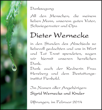 Traueranzeige von Dieter Wernecke von Mitteldeutsche Zeitung Sangerhausen