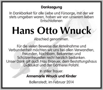 Traueranzeige von Hans Otto Wnuck von Mitteldeutsche Zeitung Quedlinburg