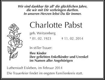 Traueranzeige von Charlotte Pabst von Mitteldeutsche Zeitung Mansfelder Land