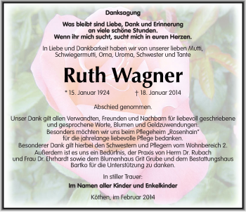 Traueranzeige von Ruth Wagner von Mitteldeutsche Zeitung Köthen