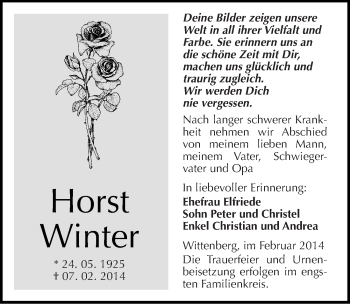 Traueranzeige von Horst Winter von Mitteldeutsche Zeitung Wittenberg