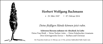 Traueranzeige von Herbert Wolfgang Bachmann von Mitteldeutsche Zeitung Halle/Saalkreis