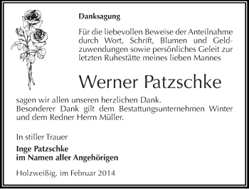 Traueranzeige von Werner Patzschke von Mitteldeutsche Zeitung Bitterfeld