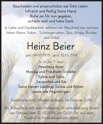 Traueranzeige von Heinz Beier von Mitteldeutsche Zeitung Sangerhausen
