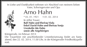 Traueranzeige von Arno Hahn von Mitteldeutsche Zeitung Quedlinburg