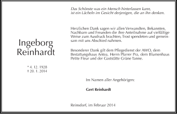 Traueranzeige von Ingeborg Reinhardt von Mitteldeutsche Zeitung Wittenberg