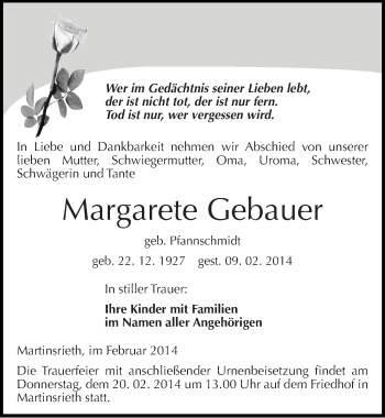 Traueranzeige von Margarete Gebauer von Mitteldeutsche Zeitung Sangerhausen