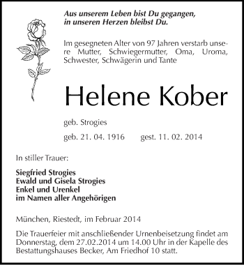 Traueranzeige von Helene Kober von Mitteldeutsche Zeitung Sangerhausen