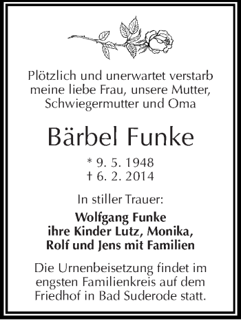 Traueranzeige von Bärbel Funke von Mitteldeutsche Zeitung Quedlinburg