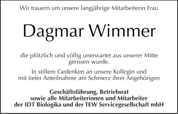 Traueranzeige von Dagmar Wimmer von Mitteldeutsche Zeitung Dessau-Roßlau