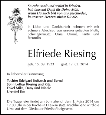 Traueranzeige von Elfriede Riesing von Mitteldeutsche Zeitung Halle/Saalkreis