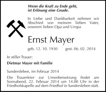 Traueranzeige von Ernst Mayer von Mitteldeutsche Zeitung Mansfelder Land
