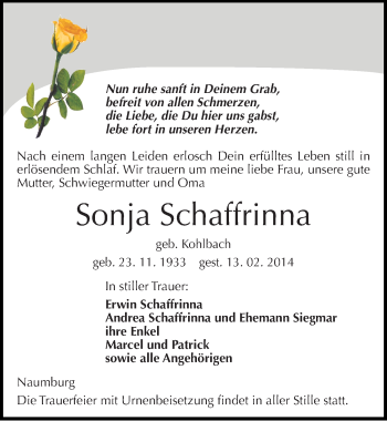 Traueranzeige von Sonja Schaffrinna von Mitteldeutsche Zeitung Naumburg/Nebra