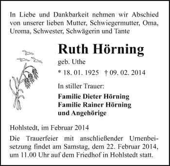 Traueranzeige von Ruth Hörning von Mitteldeutsche Zeitung Sangerhausen