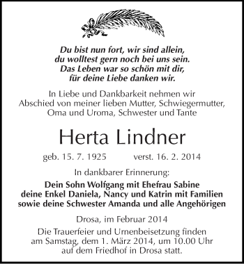 Traueranzeige von Herta Lindner von Mitteldeutsche Zeitung Köthen