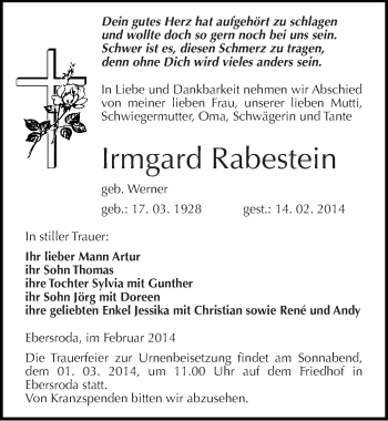 Traueranzeige von Irmgard Rabestein von Mitteldeutsche Zeitung Naumburg/Nebra