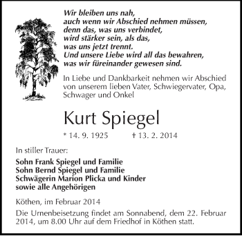 Traueranzeige von Kurt Spiegel von Mitteldeutsche Zeitung Köthen