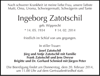 Traueranzeige von Ingeborg Zatotschi von Mitteldeutsche Zeitung Halle/Saalkreis