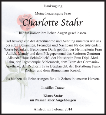 Traueranzeige von Charlotte Stahr von Mitteldeutsche Zeitung Sangerhausen