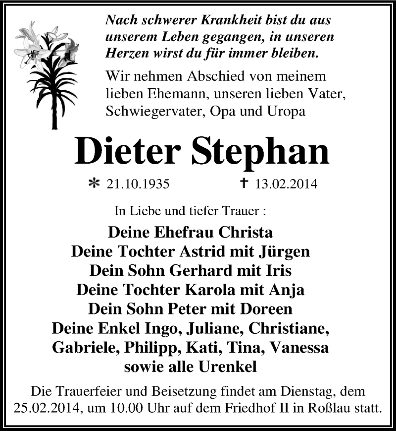  Traueranzeige für Dieter Stephan vom 18.02.2014 aus Mitteldeutsche Zeitung Dessau-Roßlau