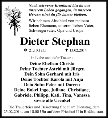 Traueranzeige von Dieter Stephan von Mitteldeutsche Zeitung Dessau-Roßlau