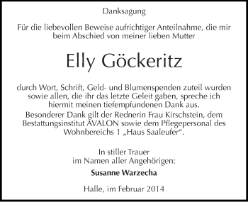 Traueranzeige von Elly Göckeritz von Mitteldeutsche Zeitung Halle/Saalkreis