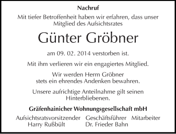 Traueranzeige von Günter Gröbner von Mitteldeutsche Zeitung Wittenberg